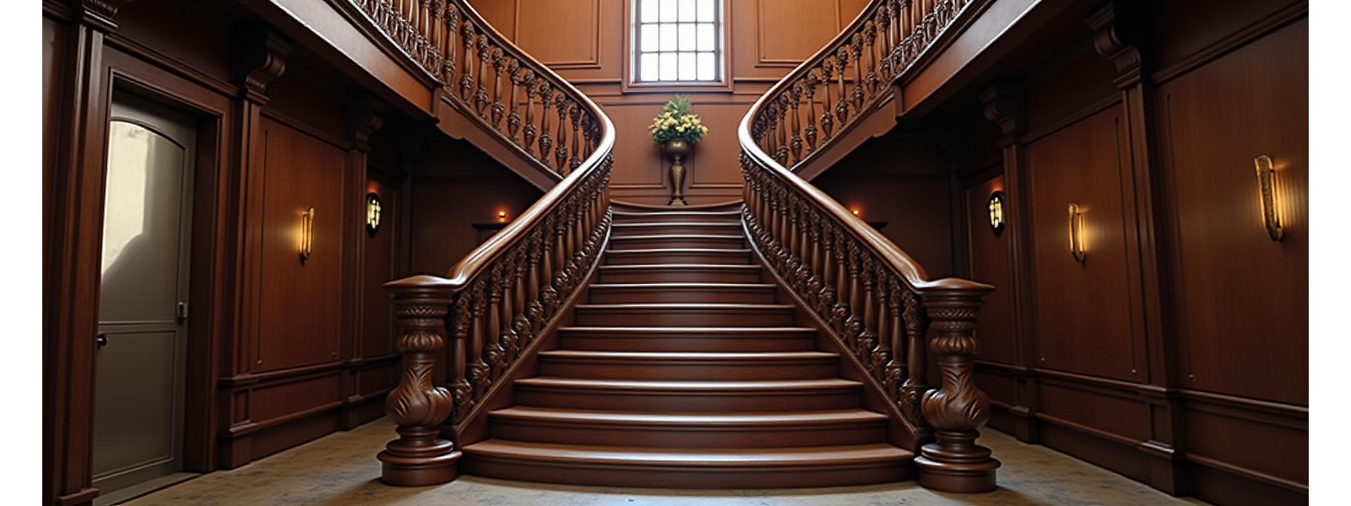 Elegant curved wooden staircase with ornate balusters in a grand home foyer, showcasing complex craftsmanship